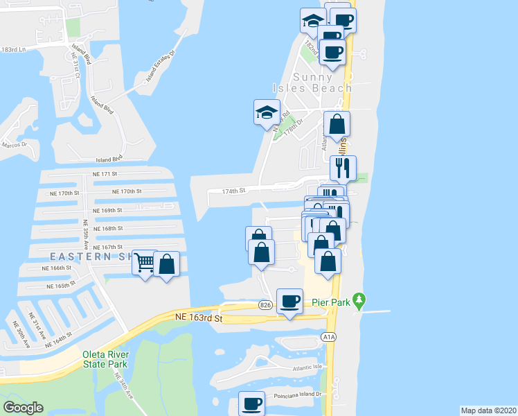 map of restaurants, bars, coffee shops, grocery stores, and more near 270 174th Street in Sunny Isles Beach