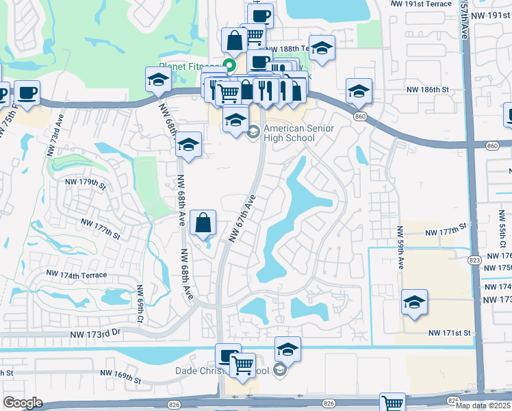 map of restaurants, bars, coffee shops, grocery stores, and more near 6641 Northwest 179th Terrace in Hialeah