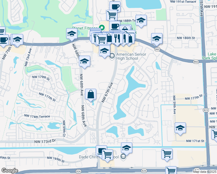 map of restaurants, bars, coffee shops, grocery stores, and more near 17950 Northwest 67th Avenue in Hialeah