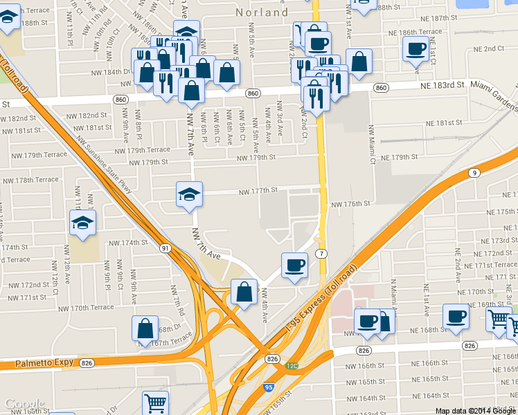 map of restaurants, bars, coffee shops, grocery stores, and more near 17600 Northwest 5th Avenue in Miami