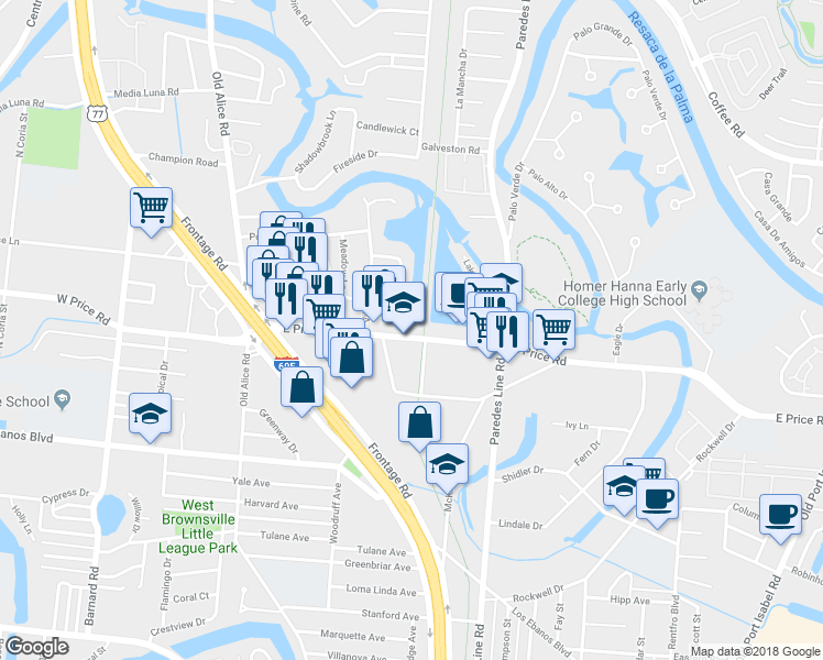 map of restaurants, bars, coffee shops, grocery stores, and more near 1775 East Price Road in Brownsville