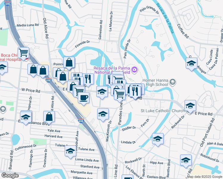 map of restaurants, bars, coffee shops, grocery stores, and more near 2031 East Price Road in Brownsville