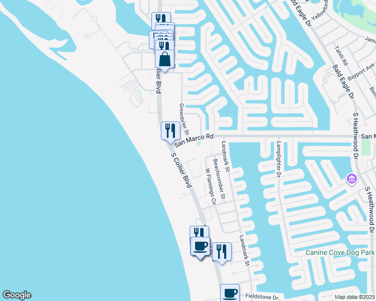 map of restaurants, bars, coffee shops, grocery stores, and more near 129 South Collier Boulevard in Marco Island