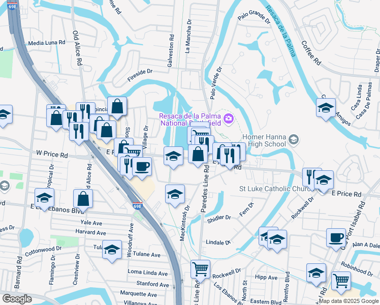 map of restaurants, bars, coffee shops, grocery stores, and more near 2031 East Price Road in Brownsville