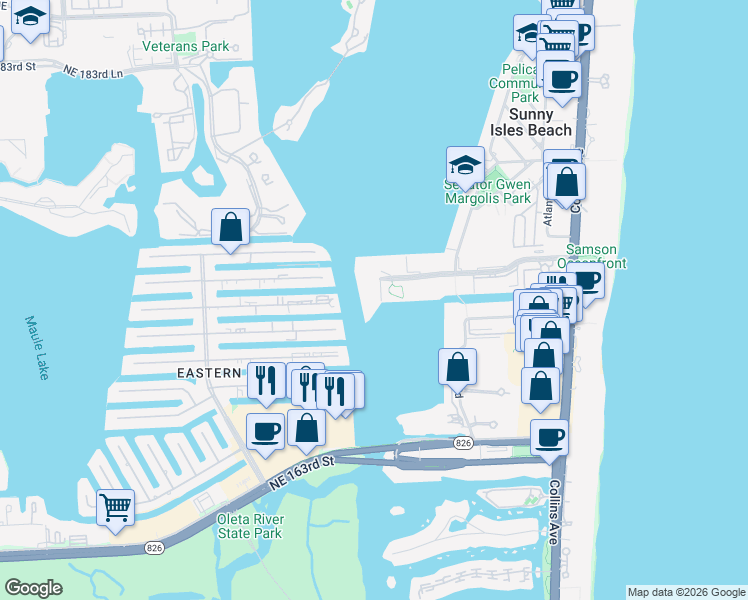 map of restaurants, bars, coffee shops, grocery stores, and more near 290 174th Street in Sunny Isles Beach