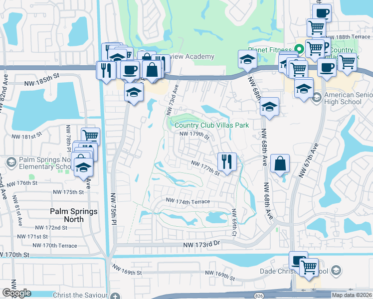 map of restaurants, bars, coffee shops, grocery stores, and more near 7210 Northwest 179th Street in Hialeah