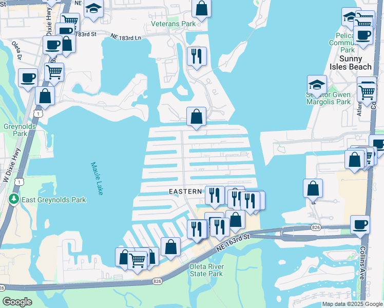 map of restaurants, bars, coffee shops, grocery stores, and more near 3600 Northeast 170th Street in Miami