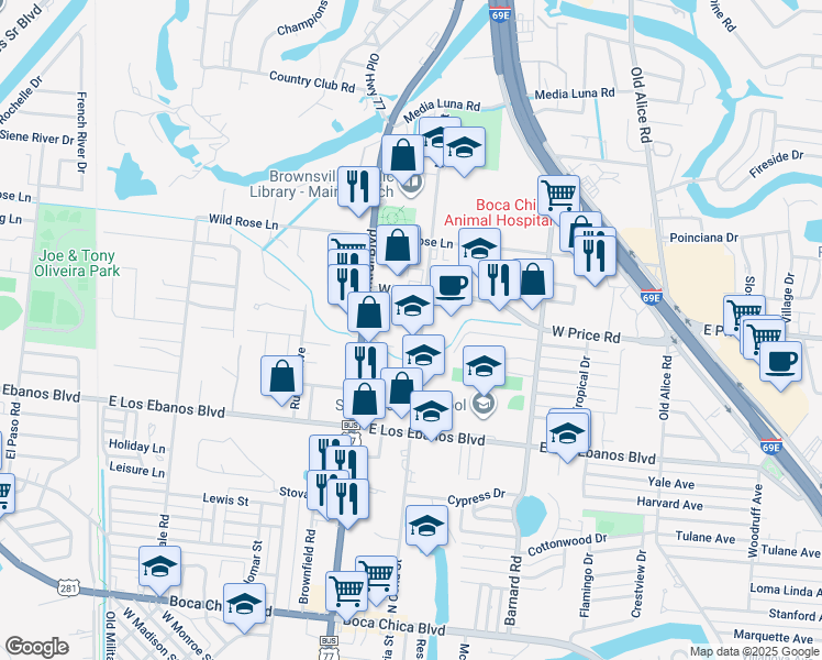 map of restaurants, bars, coffee shops, grocery stores, and more near 2255 North Coria Street in Brownsville