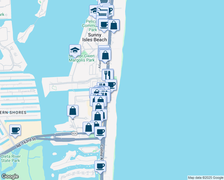map of restaurants, bars, coffee shops, grocery stores, and more near 17315 Collins Avenue in Sunny Isles Beach