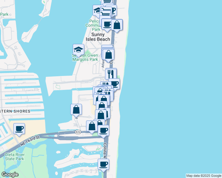 map of restaurants, bars, coffee shops, grocery stores, and more near 17315 Collins Avenue in Sunny Isles Beach