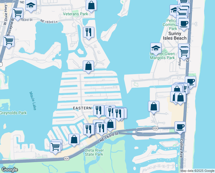 map of restaurants, bars, coffee shops, grocery stores, and more near 3860 Northeast 170th Street in North Miami Beach
