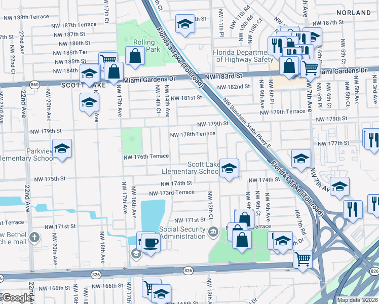 map of restaurants, bars, coffee shops, grocery stores, and more near 1300 Northwest 177th Terrace in Miami