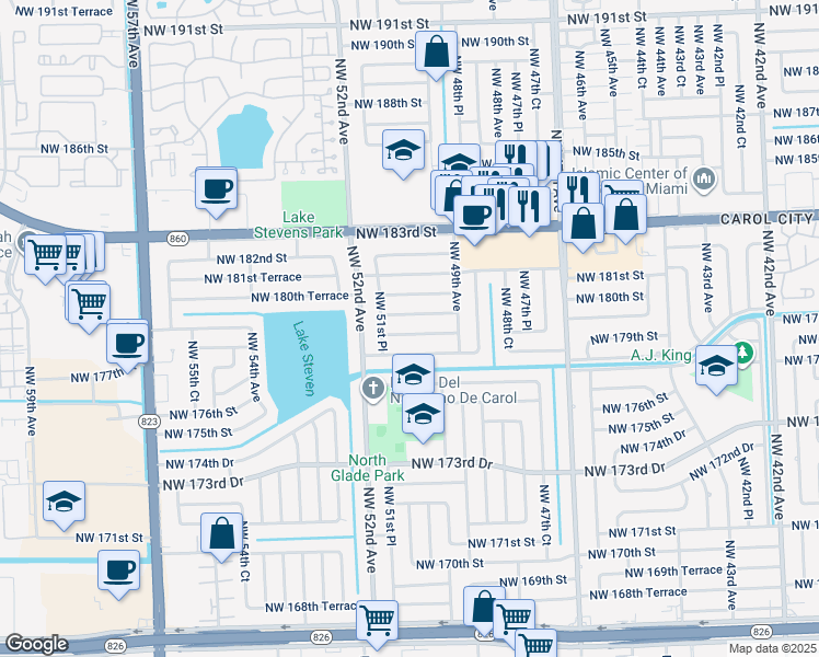 map of restaurants, bars, coffee shops, grocery stores, and more near 4952 Northwest 179th Terrace in Miami Gardens
