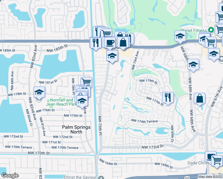 map of restaurants, bars, coffee shops, grocery stores, and more near 7459 Northwest 179th Terrace in Hialeah