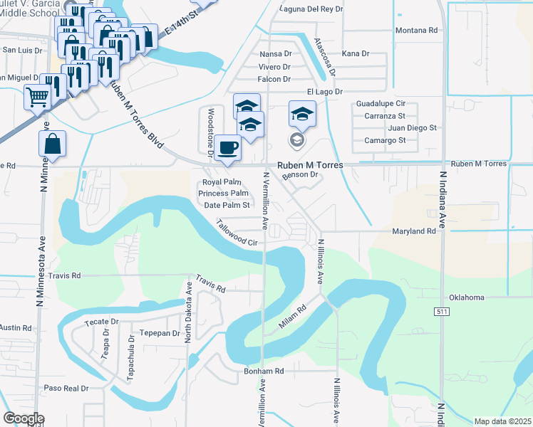 map of restaurants, bars, coffee shops, grocery stores, and more near 1706-1780 North Vermillion Avenue in Brownsville