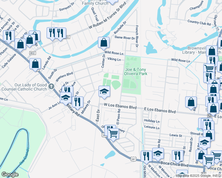 map of restaurants, bars, coffee shops, grocery stores, and more near 314 West Los Ebanos Boulevard in Brownsville