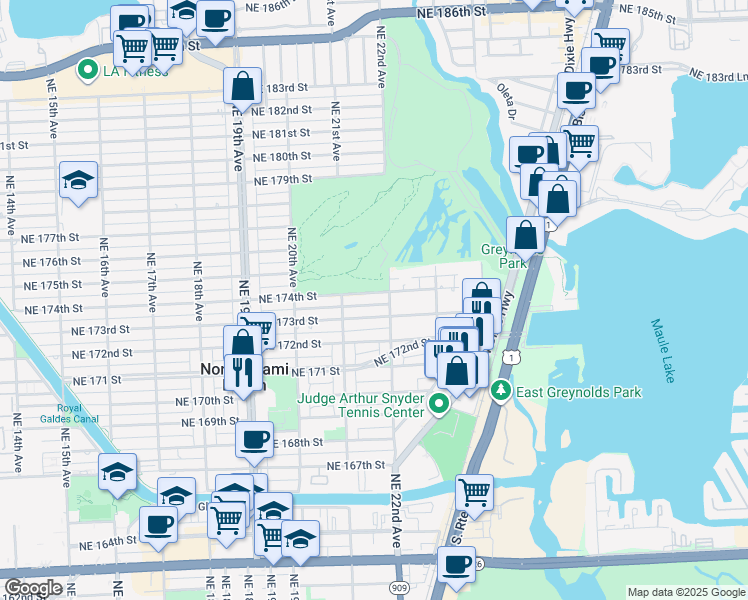 map of restaurants, bars, coffee shops, grocery stores, and more near 2170 Northeast 174th Street in North Miami Beach