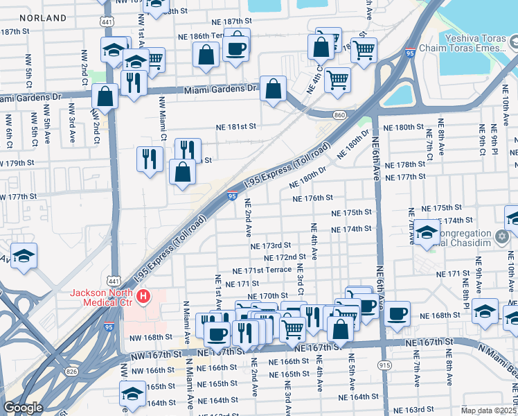 map of restaurants, bars, coffee shops, grocery stores, and more near 235 Northeast 175th Terrace in North Miami Beach