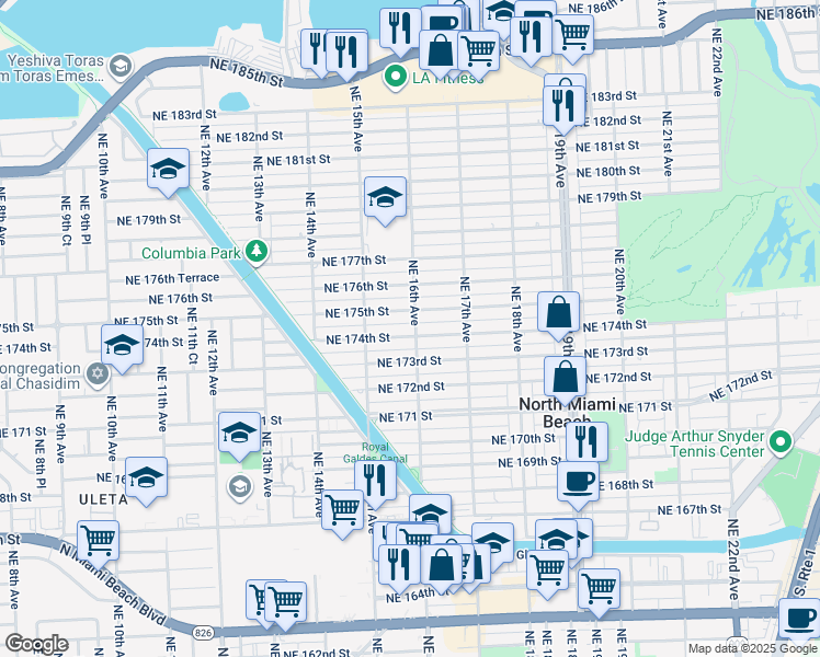 map of restaurants, bars, coffee shops, grocery stores, and more near 1574 Northeast 175th Street in North Miami Beach