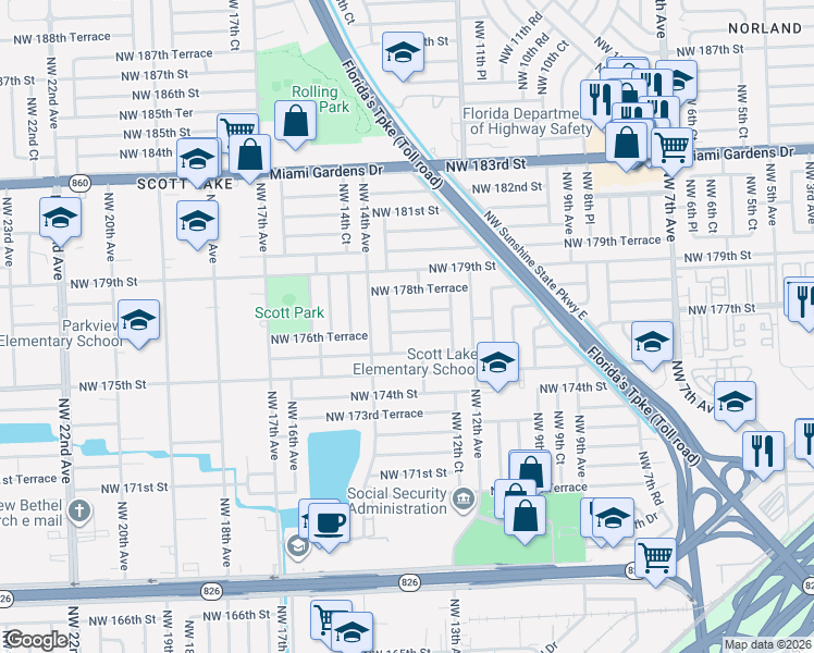 map of restaurants, bars, coffee shops, grocery stores, and more near 1300 Northwest 177th Terrace in Miami