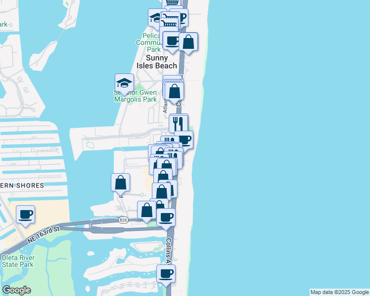 map of restaurants, bars, coffee shops, grocery stores, and more near 17315 Collins Avenue in Sunny Isles Beach