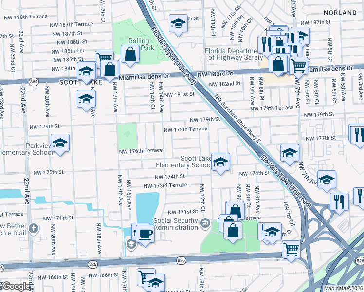 map of restaurants, bars, coffee shops, grocery stores, and more near 1300 Northwest 177th Terrace in Miami