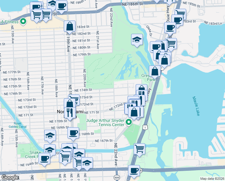 map of restaurants, bars, coffee shops, grocery stores, and more near 2199 Northeast 173rd Street in North Miami Beach