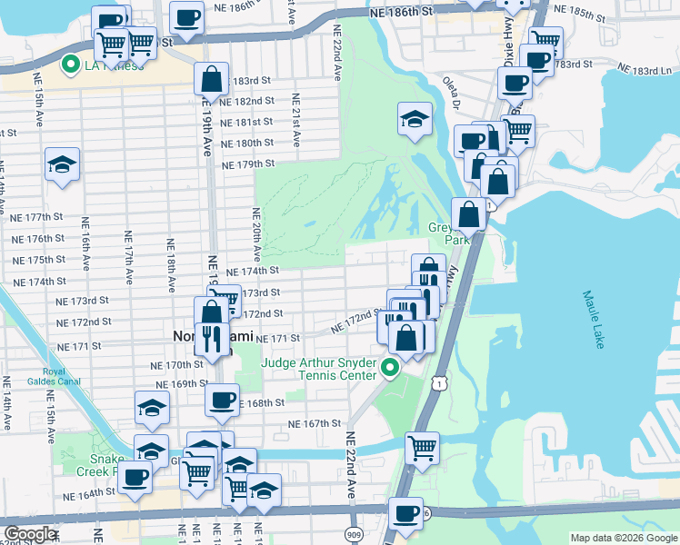 map of restaurants, bars, coffee shops, grocery stores, and more near 2170 Northeast 174th Street in North Miami Beach