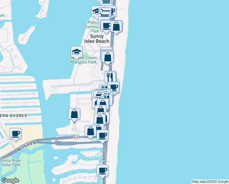 map of restaurants, bars, coffee shops, grocery stores, and more near 17275 Collins Avenue in Sunny Isles Beach
