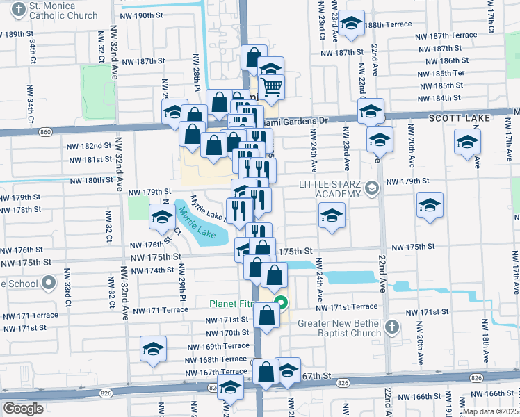 map of restaurants, bars, coffee shops, grocery stores, and more near 17800 Northwest 25th Avenue in Miami Gardens