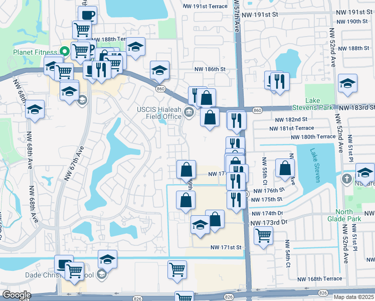 map of restaurants, bars, coffee shops, grocery stores, and more near 18032 Northwest 59th Avenue in Hialeah