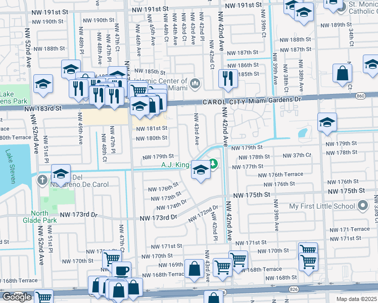 map of restaurants, bars, coffee shops, grocery stores, and more near 17920 Northwest 43rd Court in Miami Gardens