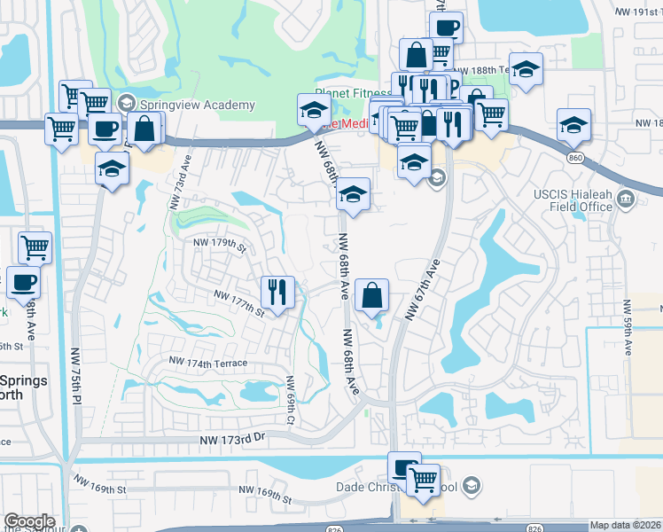map of restaurants, bars, coffee shops, grocery stores, and more near 18000 Northwest 68th Avenue in Hialeah