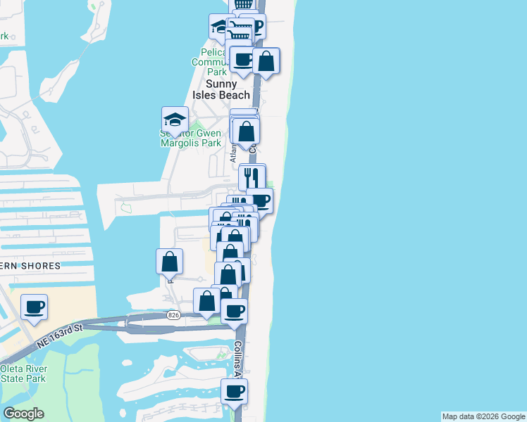 map of restaurants, bars, coffee shops, grocery stores, and more near 17315 Collins Avenue in Sunny Isles Beach