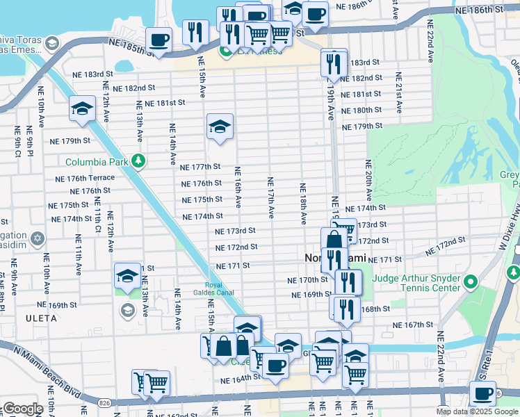 map of restaurants, bars, coffee shops, grocery stores, and more near 1648 Northeast 175th Street in North Miami Beach