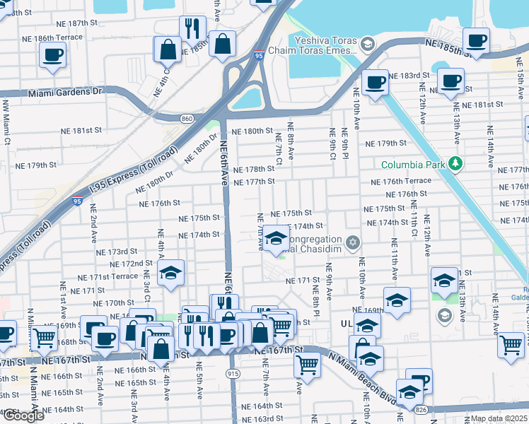 map of restaurants, bars, coffee shops, grocery stores, and more near 660 Northeast 176th Street in North Miami Beach