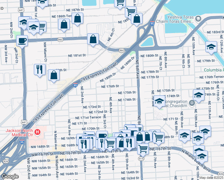 map of restaurants, bars, coffee shops, grocery stores, and more near 370 Northeast 176th Street in North Miami Beach
