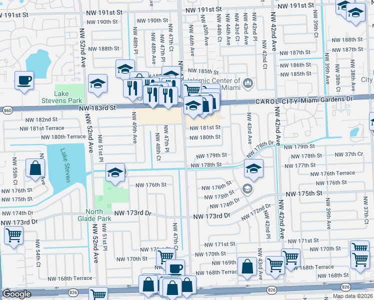 map of restaurants, bars, coffee shops, grocery stores, and more near 4693 Northwest 179th Terrace in Miami Gardens