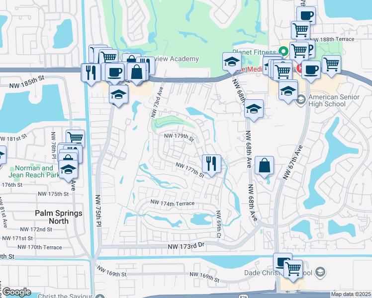 map of restaurants, bars, coffee shops, grocery stores, and more near 7080 Northwest 179th Street in Hialeah