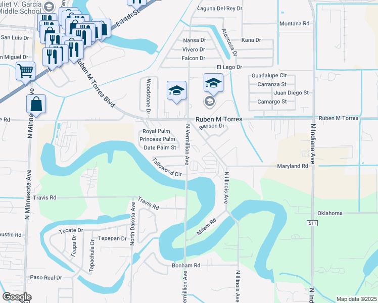 map of restaurants, bars, coffee shops, grocery stores, and more near 1706 North Vermillion Avenue in Brownsville