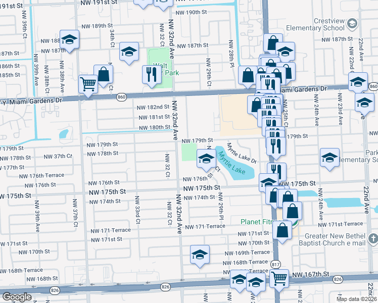 map of restaurants, bars, coffee shops, grocery stores, and more near 3000 Northwest 179th Street in Miami Gardens