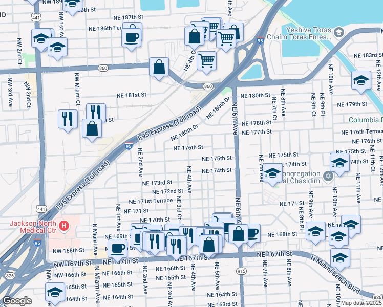 map of restaurants, bars, coffee shops, grocery stores, and more near 370 Northeast 176th Street in North Miami Beach