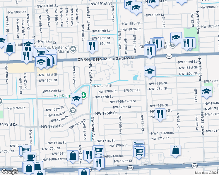 map of restaurants, bars, coffee shops, grocery stores, and more near 3950 Northwest 179th Street in Miami Gardens