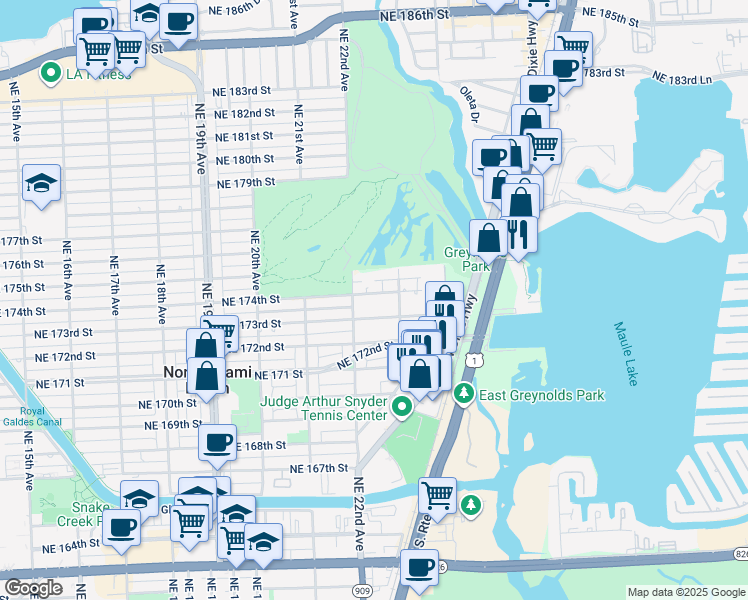 map of restaurants, bars, coffee shops, grocery stores, and more near 2260 Northeast 174th Street in North Miami Beach