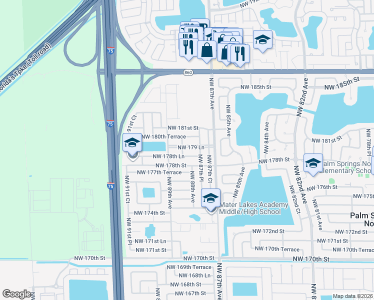 map of restaurants, bars, coffee shops, grocery stores, and more near 8828 Northwest 179 Lane in Hialeah