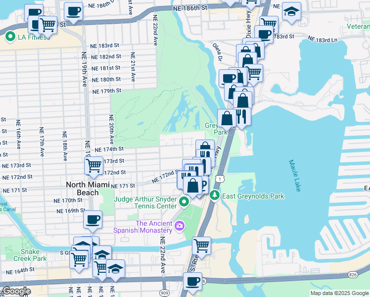 map of restaurants, bars, coffee shops, grocery stores, and more near 2314 Northeast 174th Street in North Miami Beach