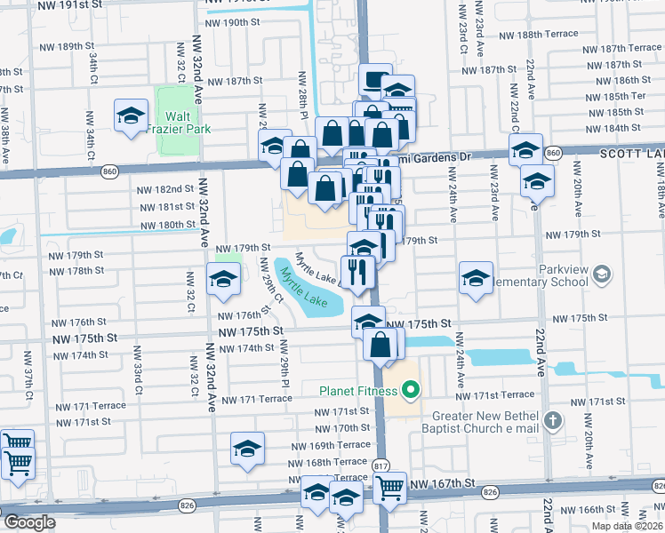 map of restaurants, bars, coffee shops, grocery stores, and more near 17821 Northwest 28th Court in Miami Gardens