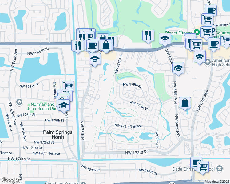 map of restaurants, bars, coffee shops, grocery stores, and more near 17720 Northwest 73rd Avenue in Hialeah