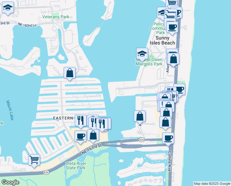 map of restaurants, bars, coffee shops, grocery stores, and more near 290 174th Street in Sunny Isles Beach