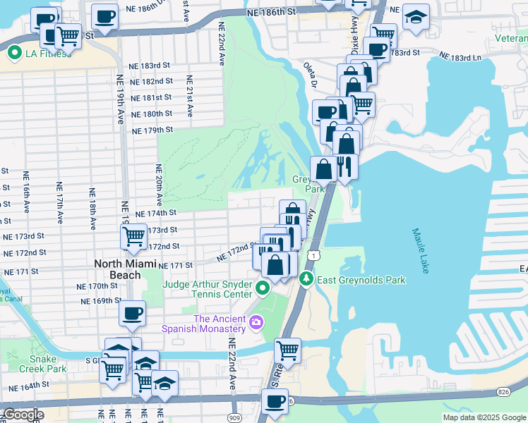 map of restaurants, bars, coffee shops, grocery stores, and more near 2314 Northeast 174th Street in North Miami Beach